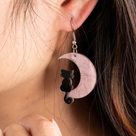 BLACK cat half moon earrings pink - Picture 2 of 3